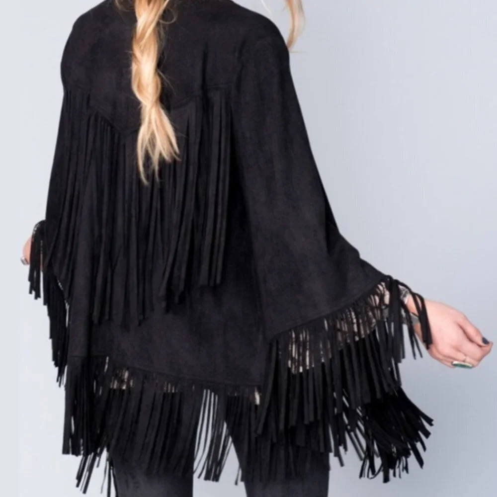 Show Me Your Mumu Marfa Fringe Jacket in Black Faux Suede